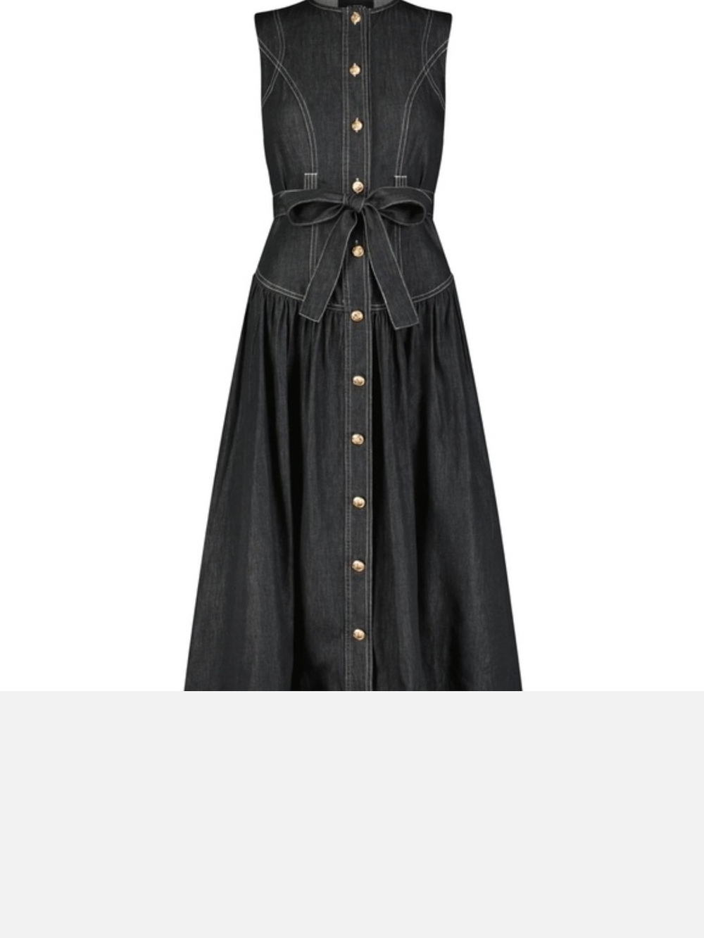 Button-Front Sleeveless Black Midi Dress with Self Tie Waist